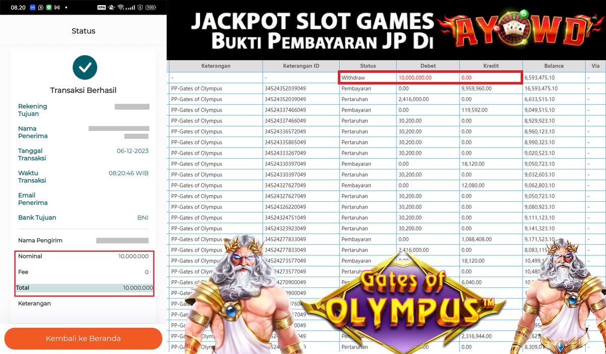 AYOWD JACKPOT SLOT GAME GATES OF OLYMPUS Rp,10.000.000- LUNAS