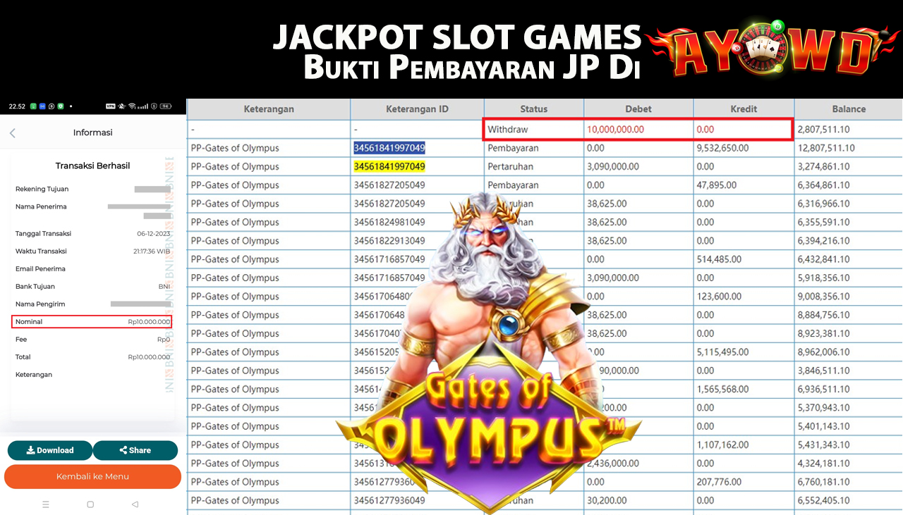 AYOWD JACKPOT SLOT GAME GATES OF OLYMPUS Rp,10.000.000- LUNAS