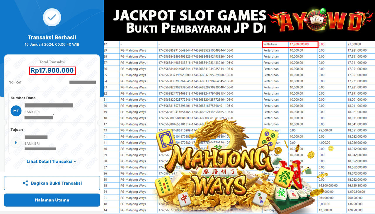 AYOWD JACKPOT SLOT PG-MAHJONG WAYS  Rp,17.900.000- LUNAS
