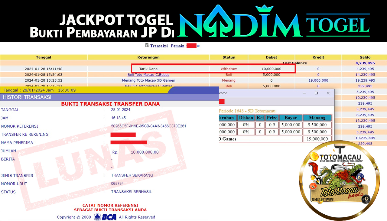 NADIMTOGEL JACKPOT TOGEL PASARAN TOTOMACAU 5D Rp.19.000.000,- LUNAS