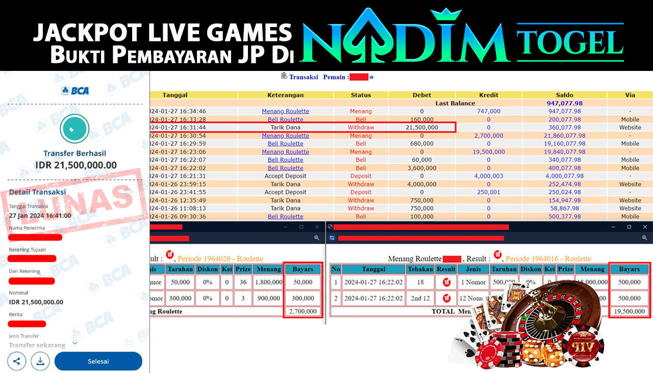 NADIMTOGEL JACKPOT LIVE GAMES ROULETTE  GAMES Rp.21.500.000,- 