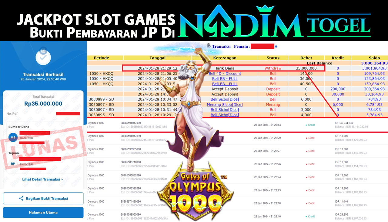 NADIMTOGEL JACKPOT SLOT GATES OF OLYMPUSH 1000 Rp.35.000.000,- LUNAS