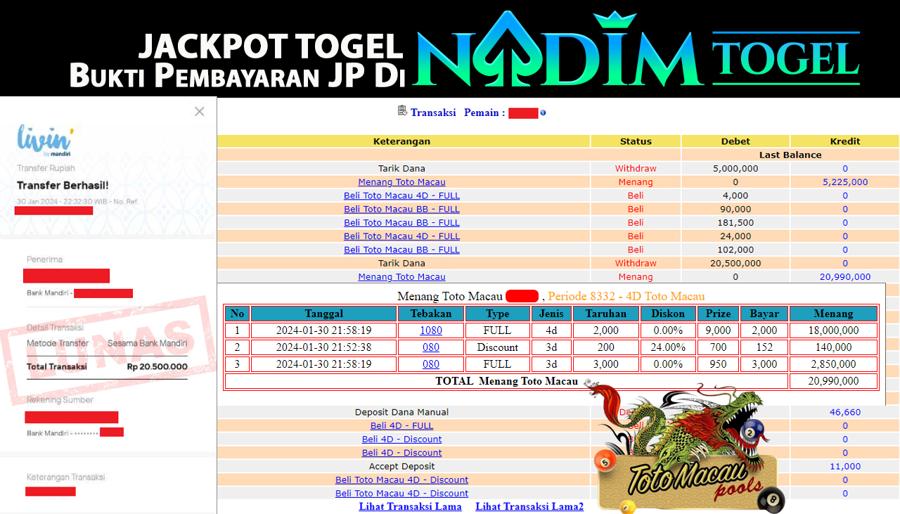 NADIMTOGEL JACKPOT TOGEL PASARAN TOTOMACAU Rp.20.990.000,- LUNAS