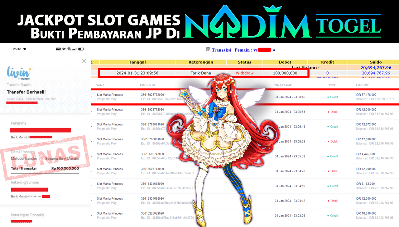 NADIMTOGEL JACKPOT SLOT MANIA PRINCSS Rp.100.000.000,- LUNAS