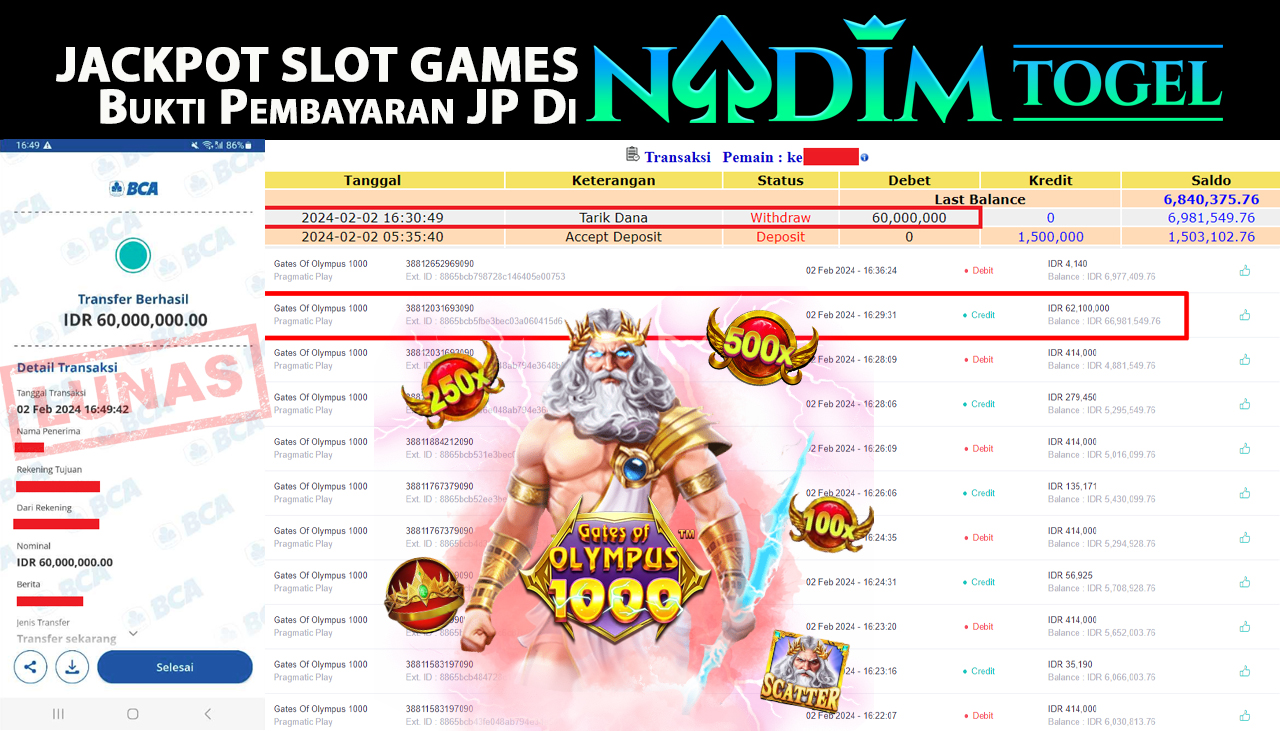 NADIMTOGEL JACKPOT SLOT GATES OF OLYMPUSH 1000 Rp.60.000.000,- LUNAS