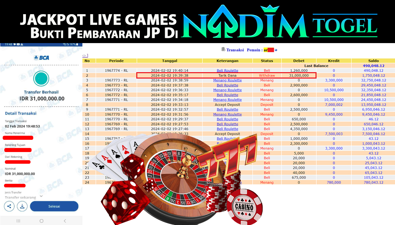 NADIMTOGEL JACKPOT LIVE GAMES ROULETTE  GAMES Rp.31.000.000,- 