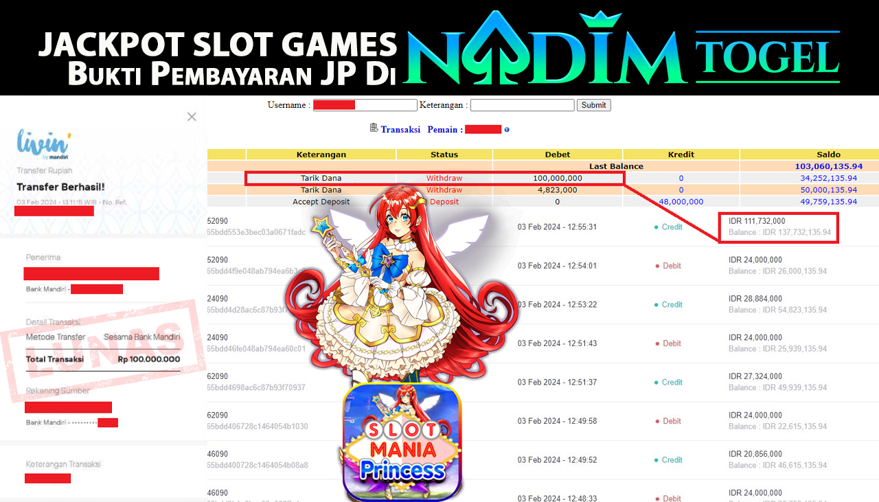 NADIMTOGEL JACKPOT SLOT MANIA PRINCESS Rp.100,000,000,- LUNAS