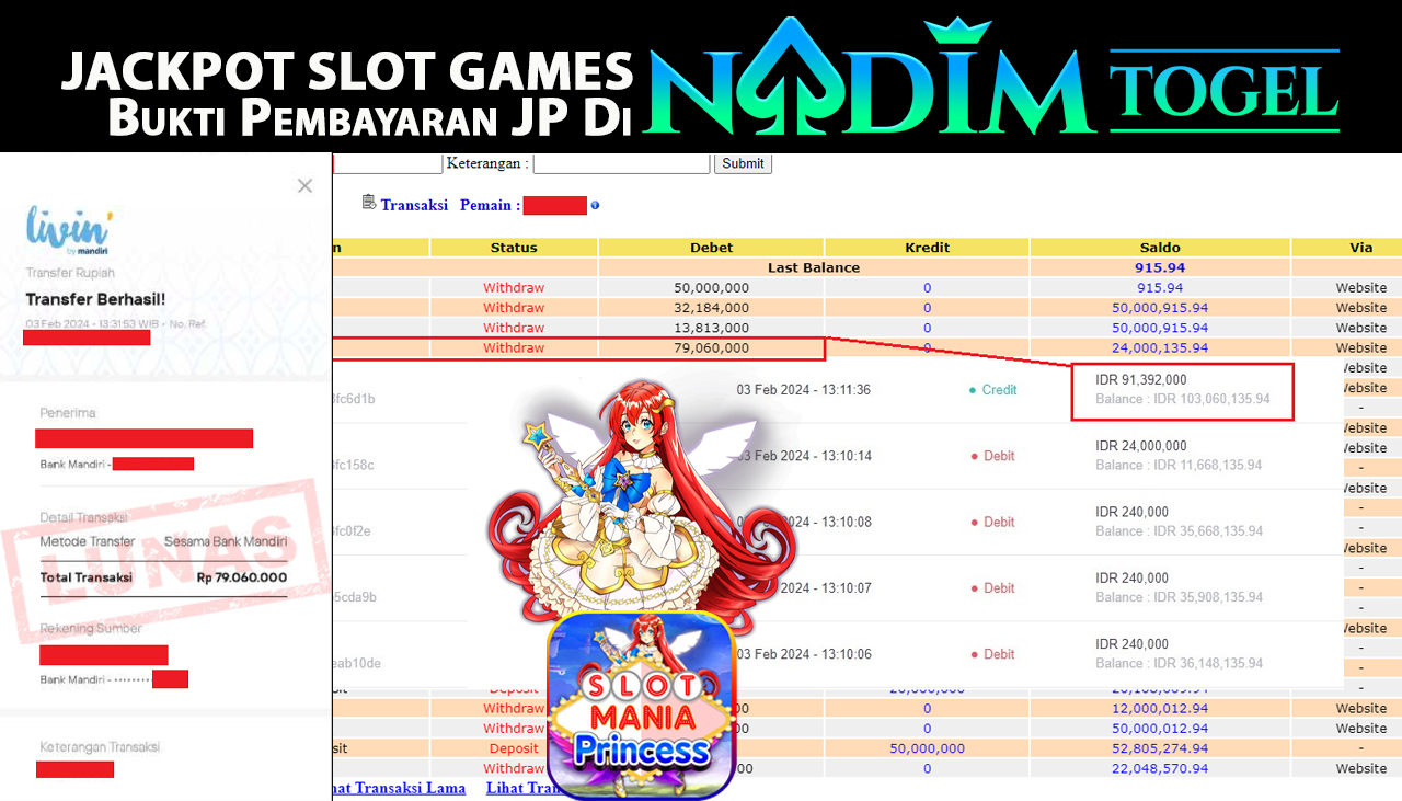 NADIMTOGEL JACKPOT SLOT MANIA PRINCESS Rp.79,060,000,- LUNAS