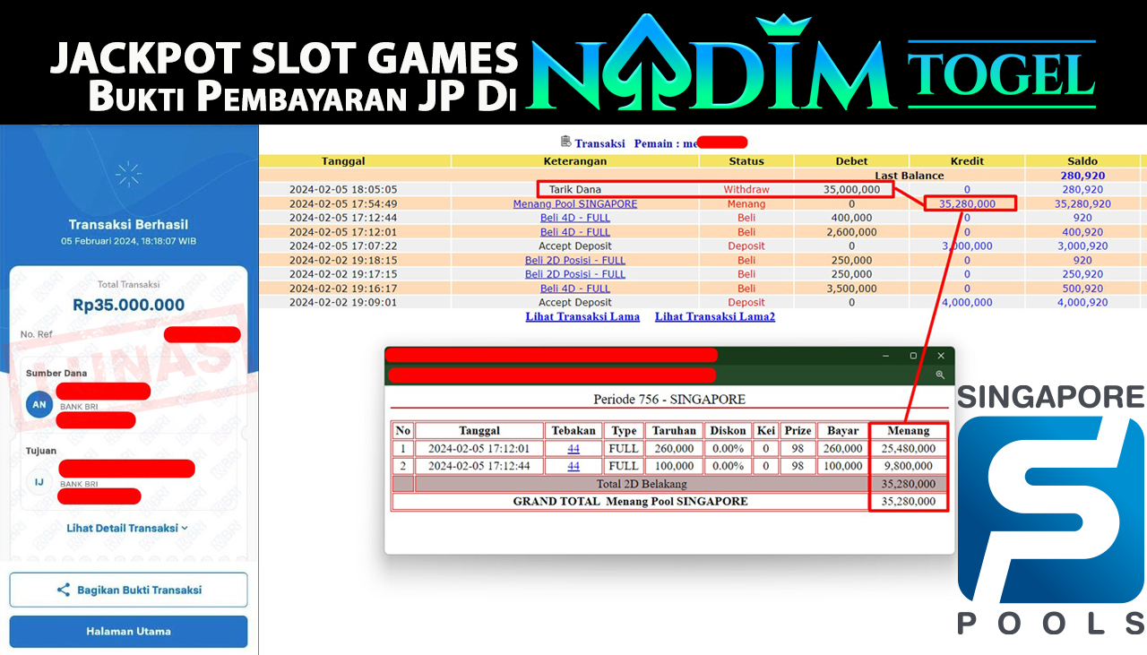 NADIMTOGEL JACKPOT TOGEL PASARAN SINGAPORE Rp.35,000,000,- LUNAS