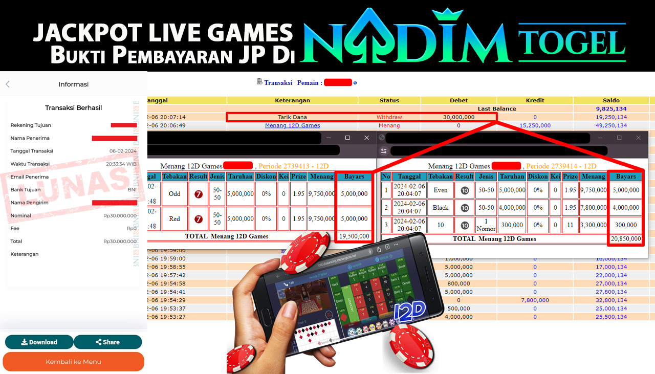 NADIMTOGEL JACKPOT LIVE GAMES 12D GAMES Rp.30.000.000,- 