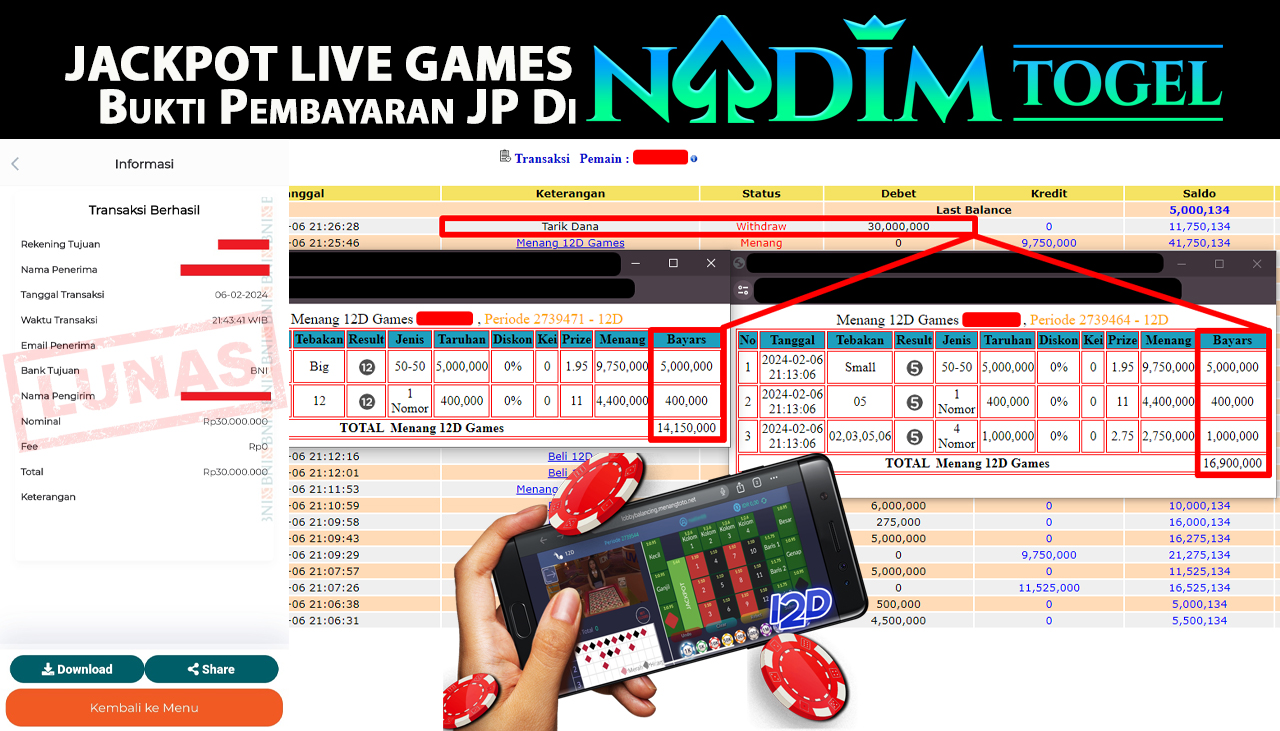 NADIMTOGEL JACKPOT LIVE GAMES 12D GAMES Rp.30.000.000,- 