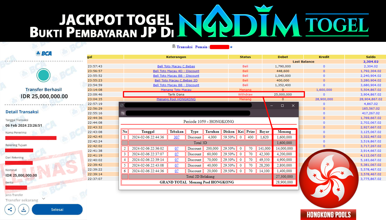 NADIMTOGEL JACKPOT TOGEL PASARAN HONGKONG GAMES Rp.25,000,000,- LUNAS
