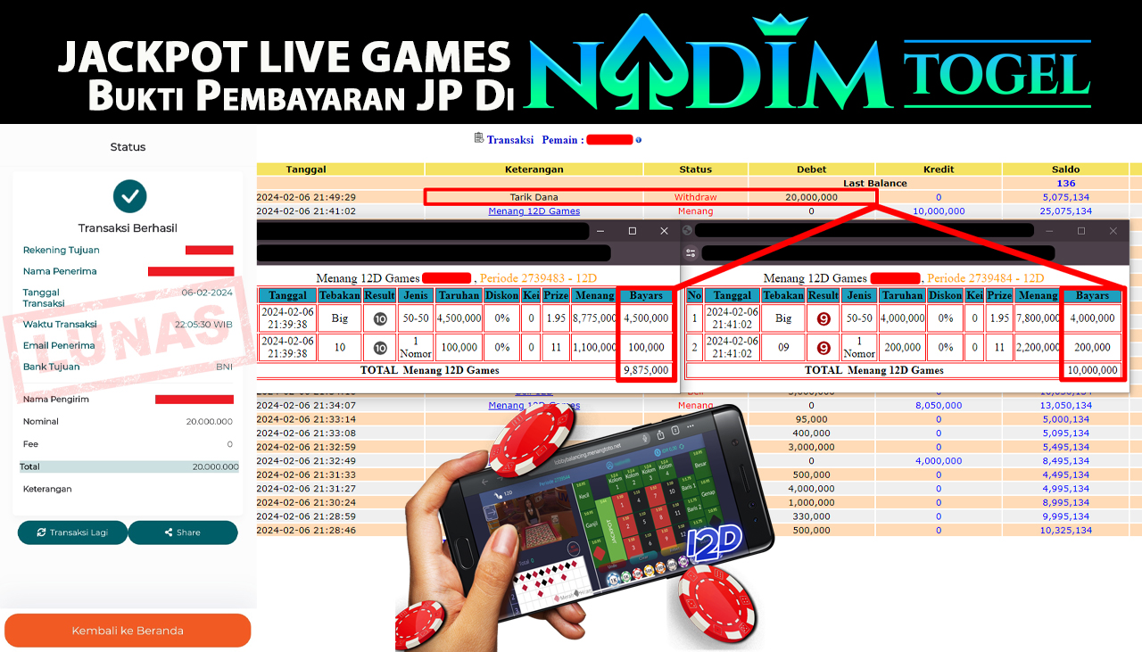 NADIMTOGEL JACKPOT LIVE GAMES 12D GAMES Rp.20.000.000,- 