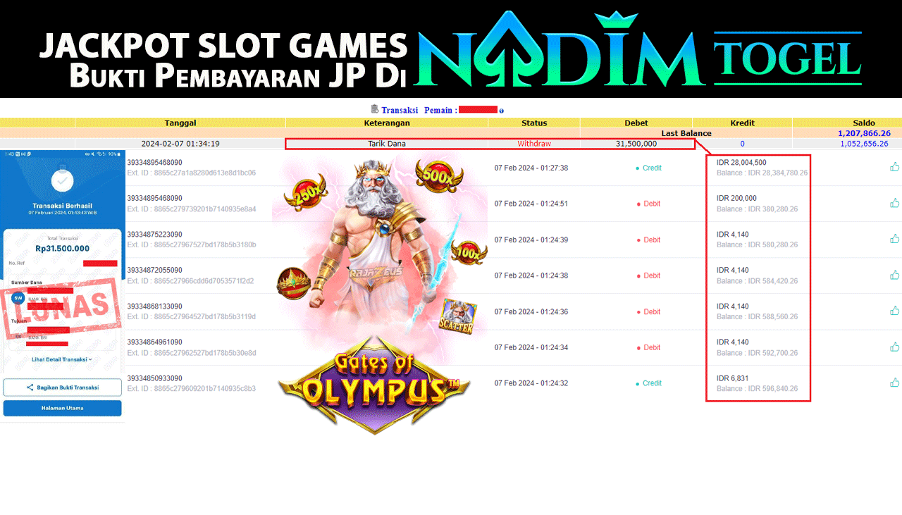 NADIMTOGEL JACKPOT GATES OF OLYMPUSH 1000 Rp.31,500,000,- LUNAS