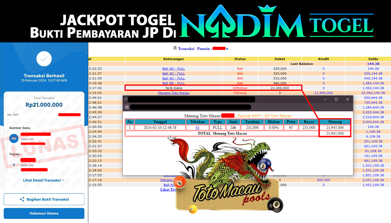 NADIMTOGEL JACKPOT TOGEL PASARAN TOTOMACAU Rp.21,000,000,- LUNAS