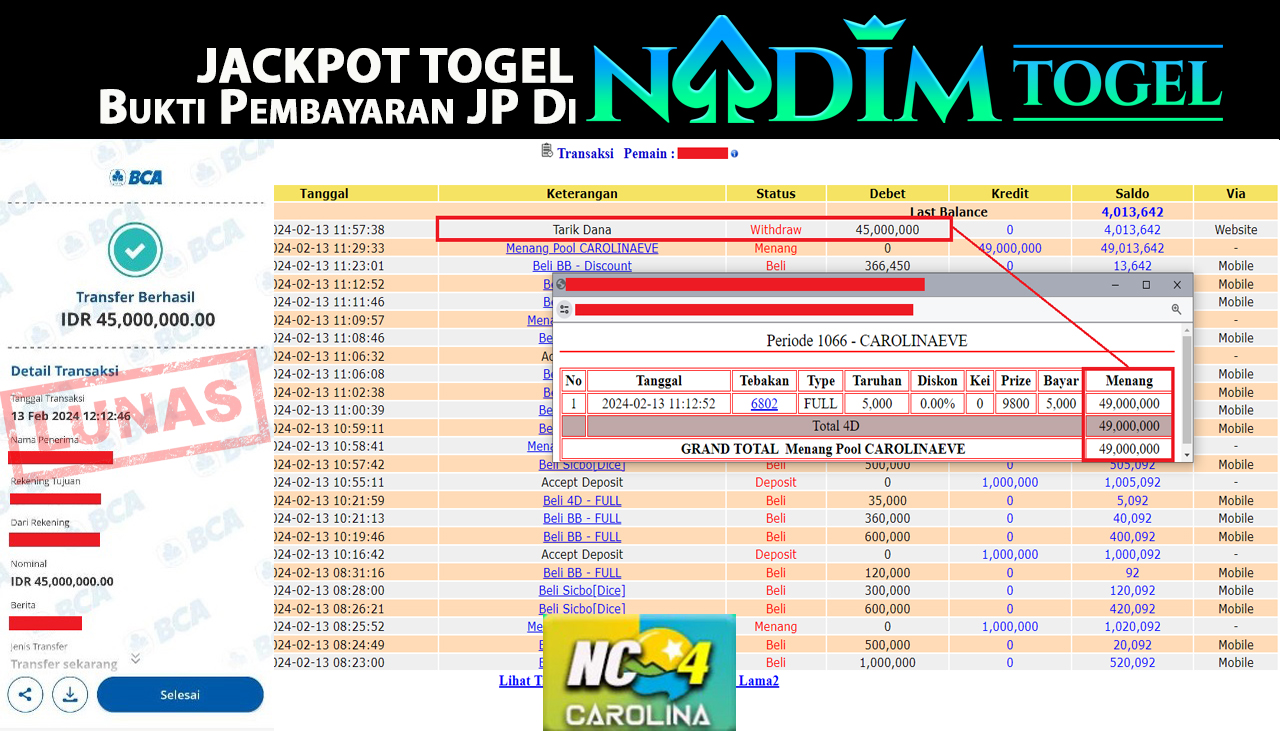 NADIMTOGEL JACKPOT TOGEL PASARAN CAROLINA-EVE 4D Rp.49,000,000,- LUNAS