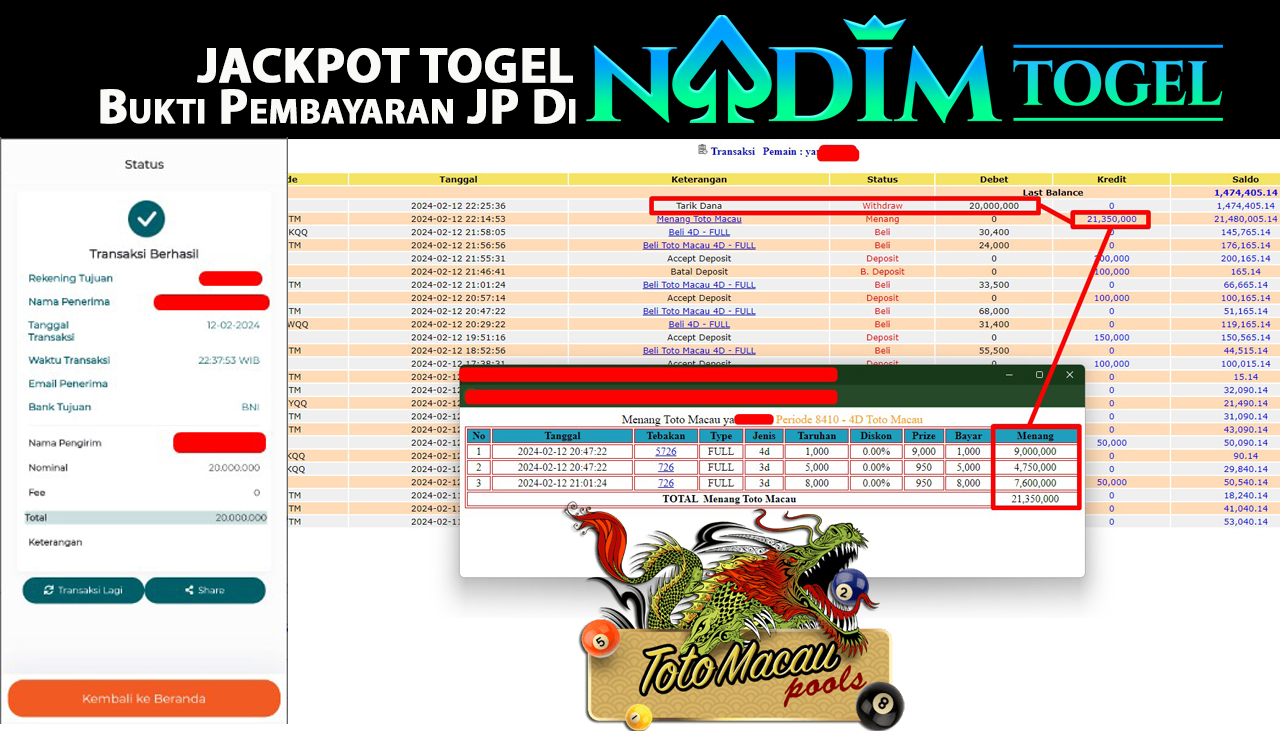NADIMTOGEL JACKPOT TOGEL PASARAN TOTO MACAU 4D Rp.20,000,000,- LUNAS