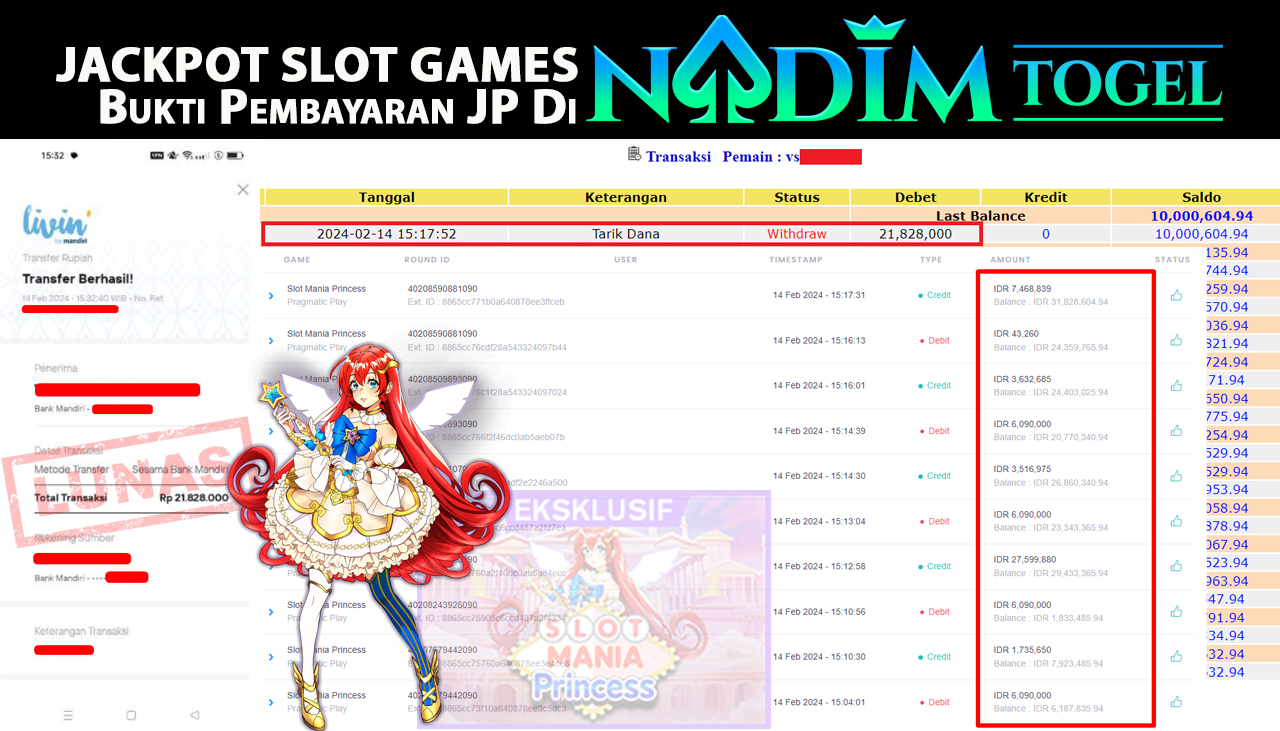NADIMTOGEL JACKPOT SLOT MANIA PRINCESS Rp.21.828.000,- LUNAS