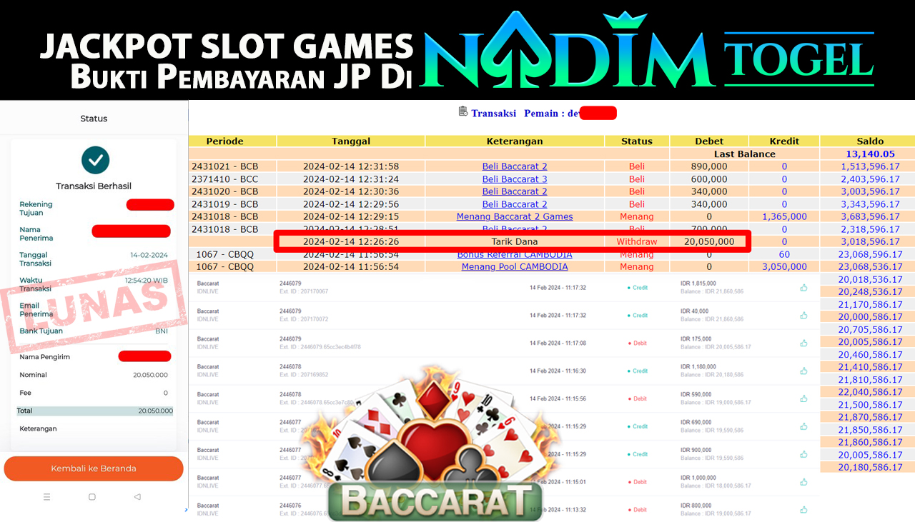 NADIMTOGEL JACKPOT LIVE GAMES BACCARAT Rp.20.050.000,- 