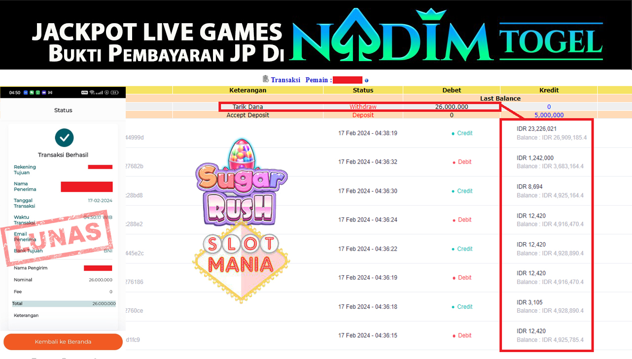 NADIMTOGEL JACKPOT SLOT MANIA SUGAR Rp.26.000.000,- LUNAS