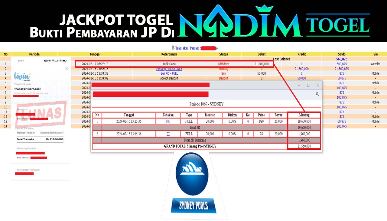 NADIMTOGEL JACKPOT TOGEL PASARAN Pool SYDNEY Rp.21,000,000,- LUNAS