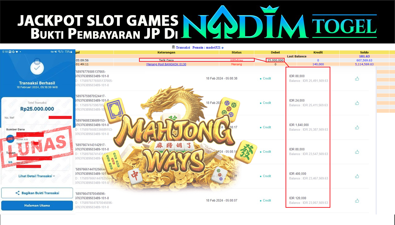 NADIMTOGEL JACKPOT MAHJONG WAYS Rp.25.000.000,- LUNAS
