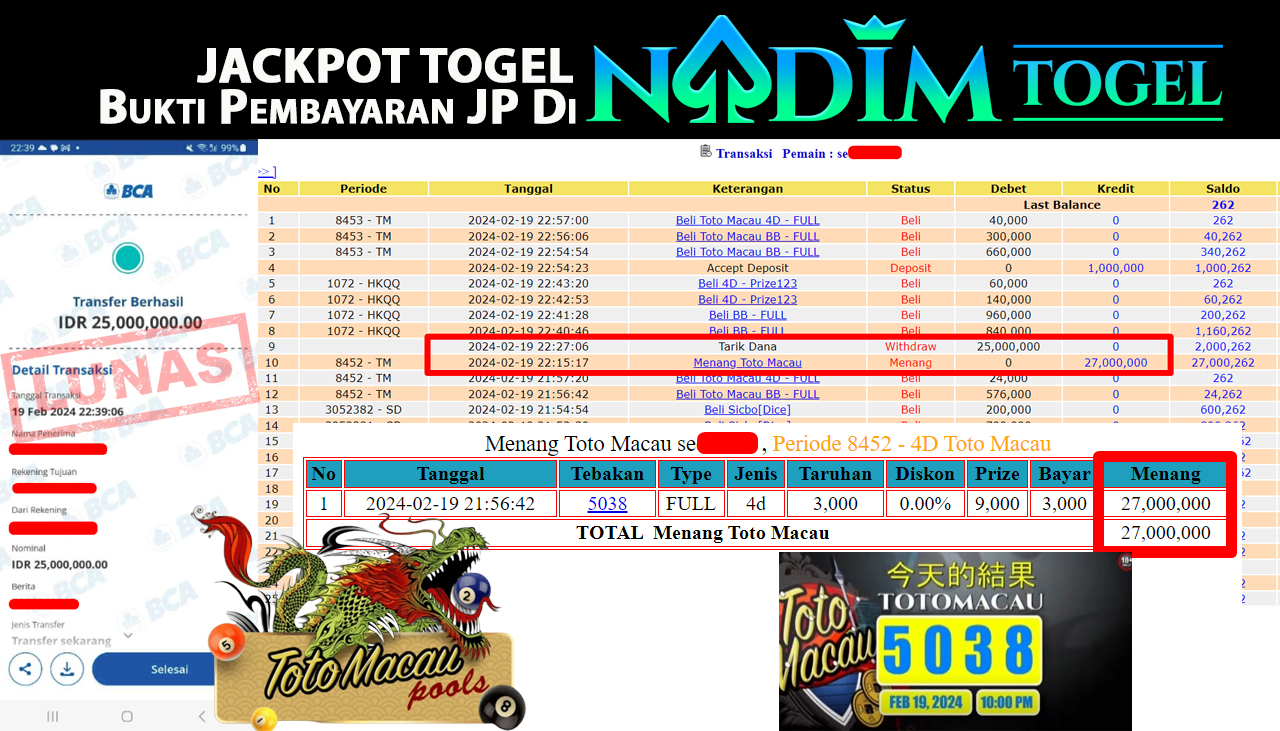 NADIMTOGEL JACKPOT TOGEL PASARAN TOTO MACAU 4D POOL Rp.25,000,000,- LUNAS