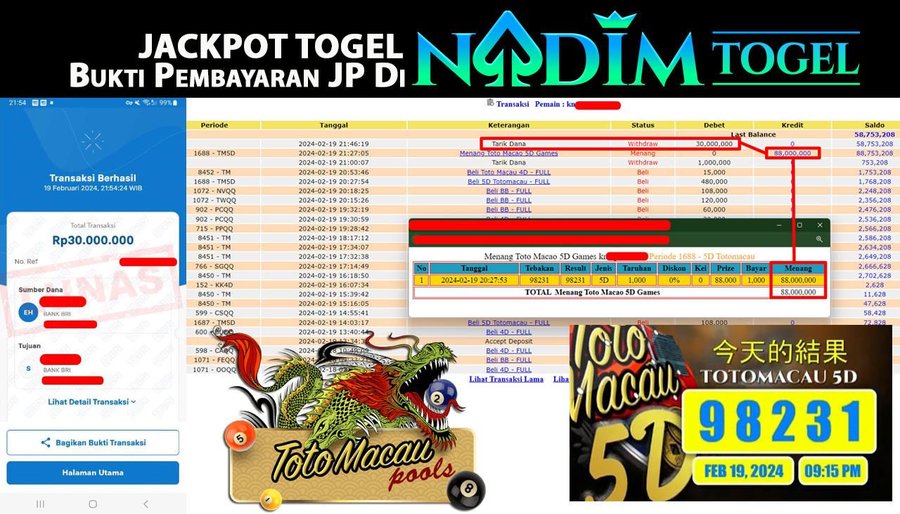 NADIMTOGEL JACKPOT TOGEL PASARAN TOTO MACAU 5D POOL Rp.88,000,000,- LUNAS