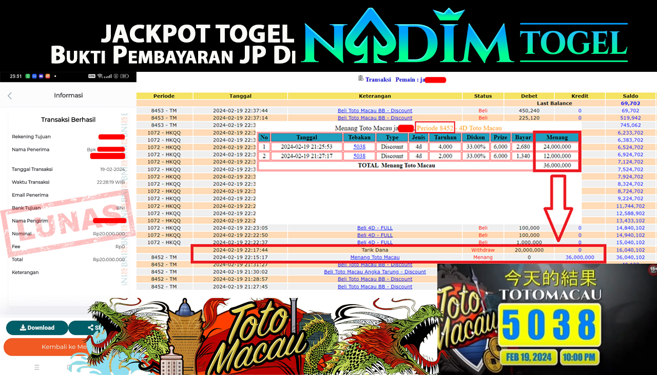 NADIMTOGEL JACKPOT TOGEL PASARAN TOTO MACAU 4D POOL Rp.20,000,000,- LUNAS