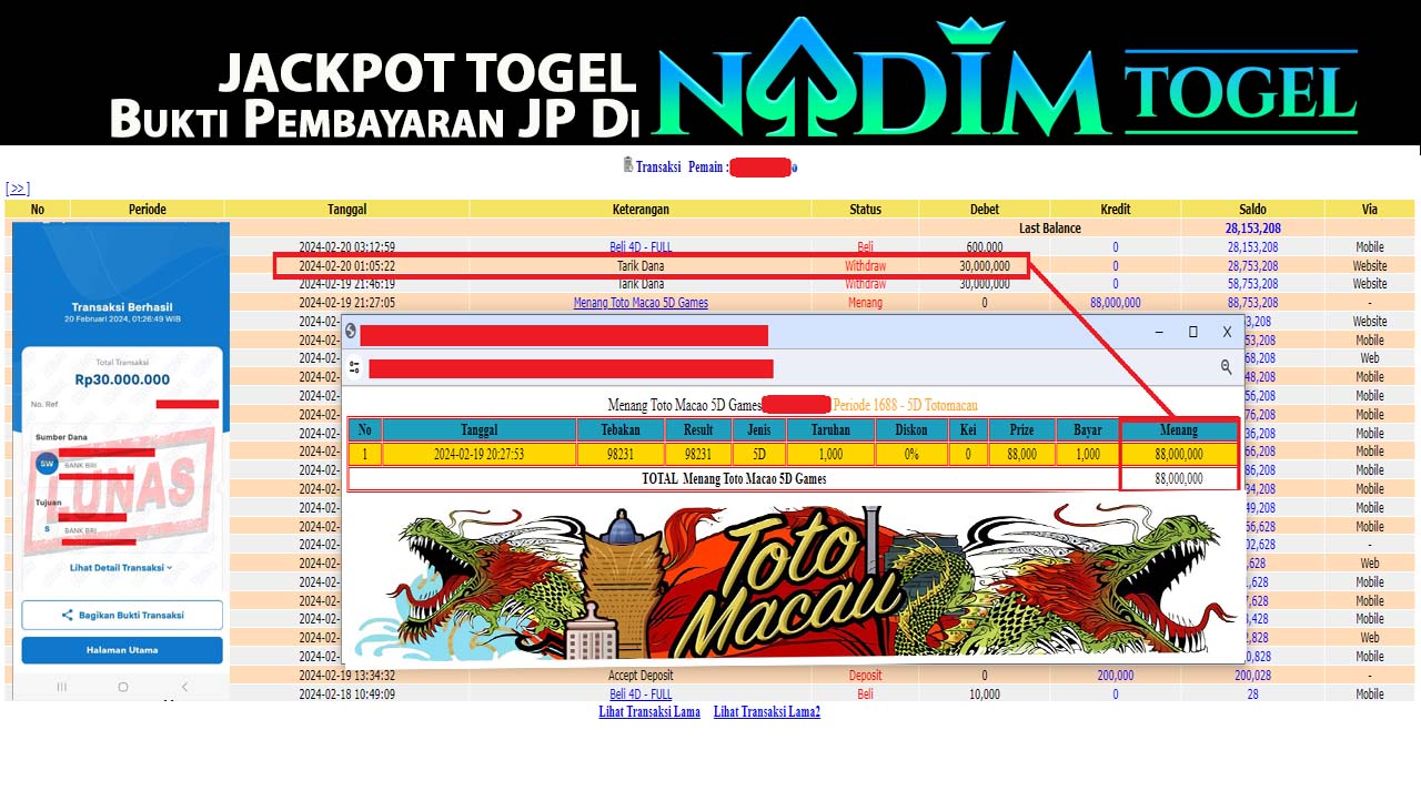 NADIMTOGEL JACKPOT TOGEL PASARAN TOTO MACAU 5D Rp.30,000,000,- LUNAS