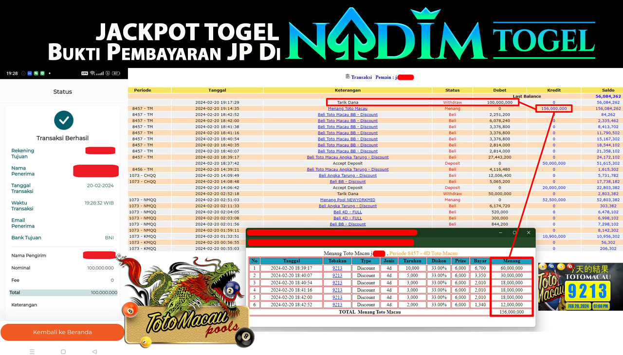 NADIMTOGEL JACKPOT TOGEL PASARAN TOTO MACAU 4D POOL Rp.156,000,000,- LUNAS