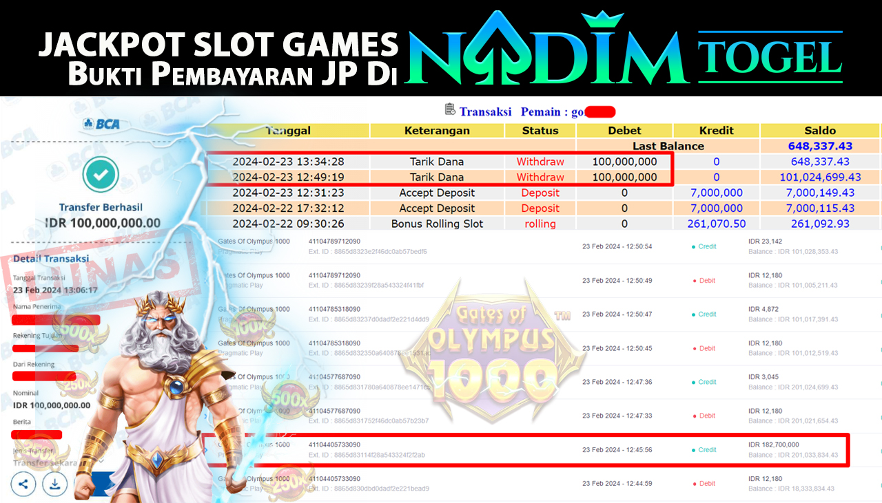 NADIMTOGEL JACKPOT SLOT GATES OF OLYMPUS 1000 Rp.200.000.000,- LUNAS