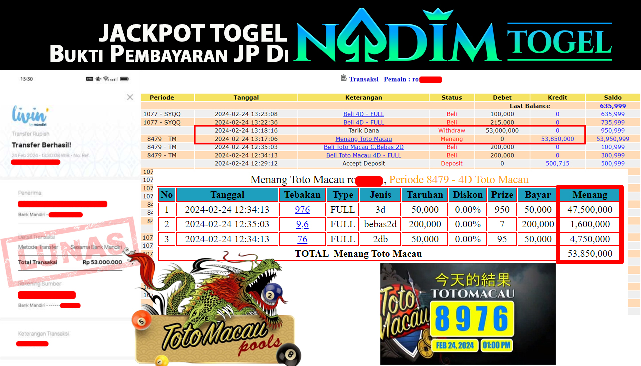 NADIMTOGEL JACKPOT TOGEL PASARAN TOTO MACAU 4D POOL Rp.53,850,000,- LUNAS