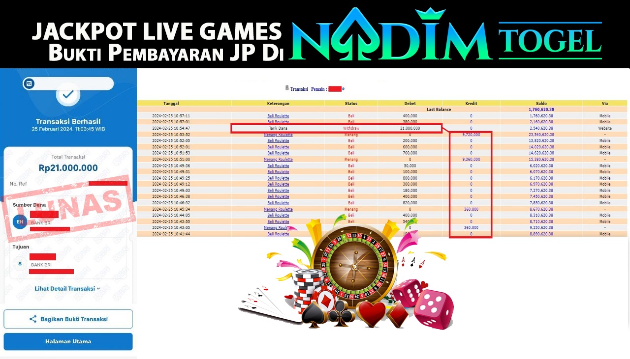 NADIMTOGEL JACKPOT LIVE GAME Roulette  Rp.21,000,000,- LUNAS