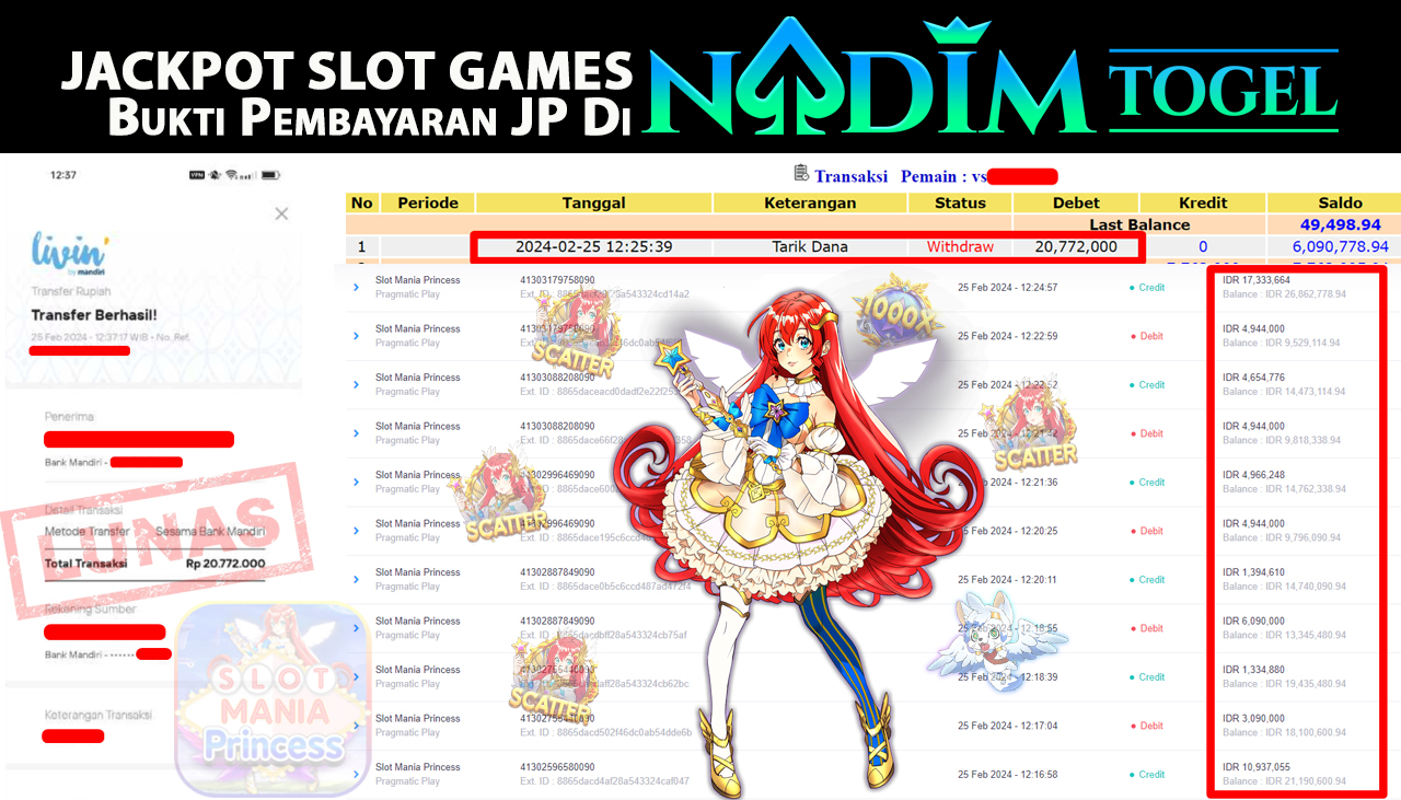 NADIMTOGEL JACKPOT SLOT MANIA PRINCESS Rp.20.772.000,- LUNAS