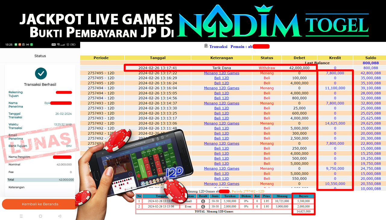 NADIMTOGEL JACKPOT LIVE GAME 12D Rp.42,000,000,- LUNAS
