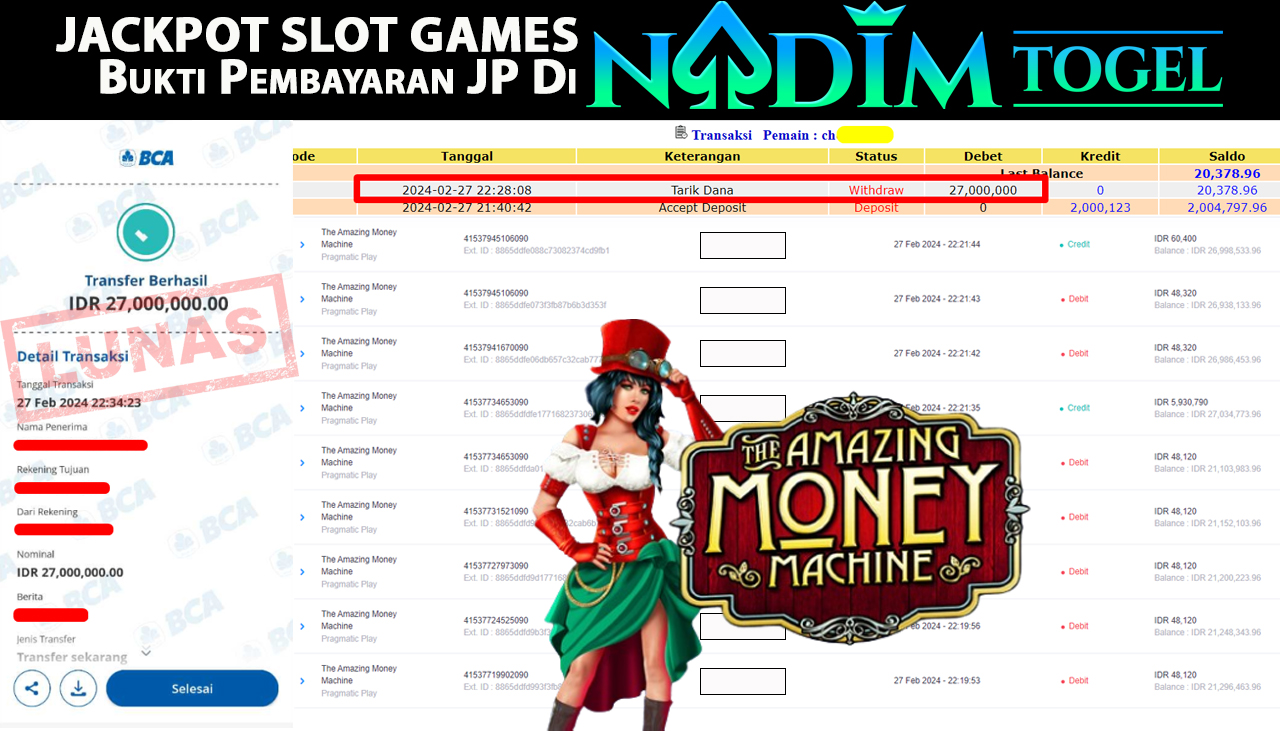 NADIMTOGEL JACKPOT SLOT THE AMAZING MONEY MACHINE Rp.27.000.000,- LUNAS