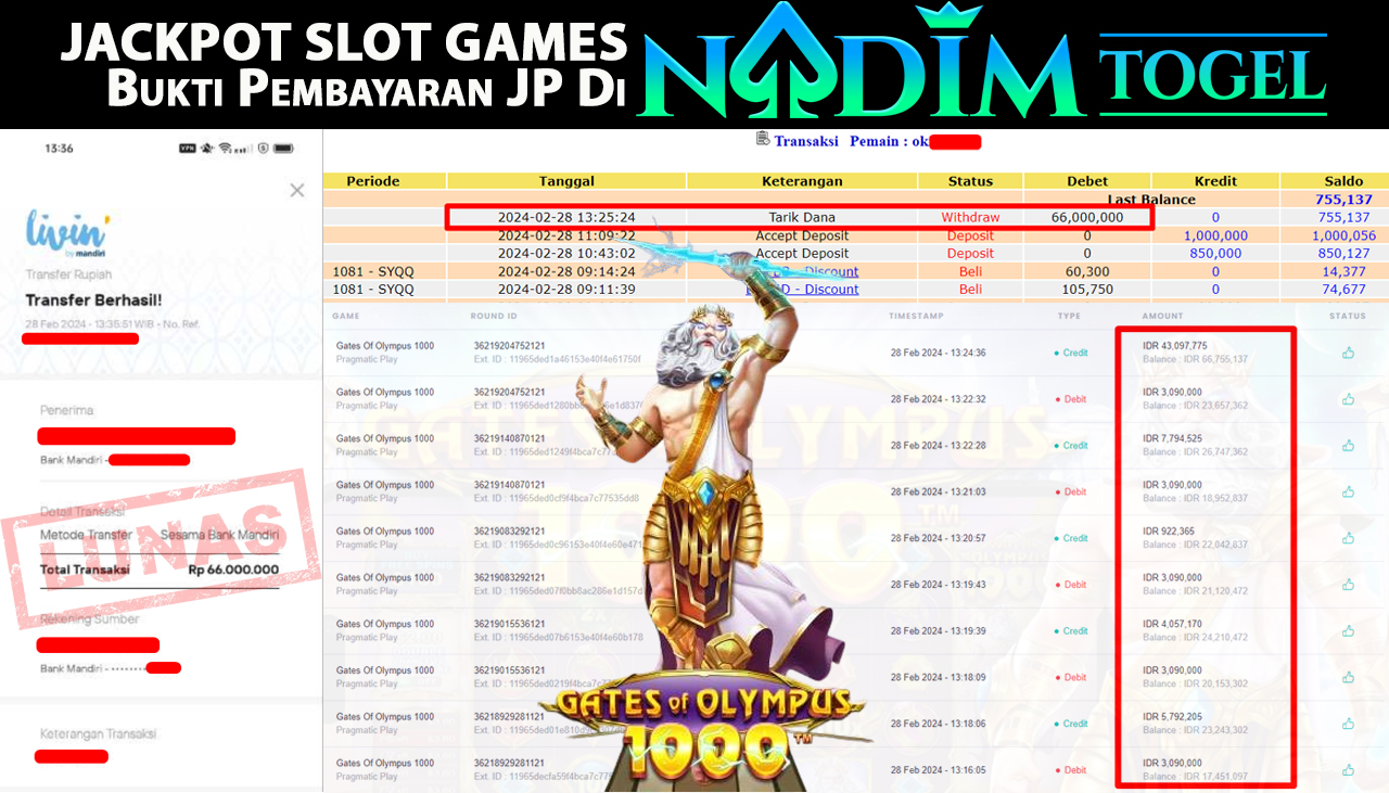 NADIMTOGEL JACKPOT SLOT GATES OF OLYMPUS 1000 Rp.66.000.000,- LUNAS