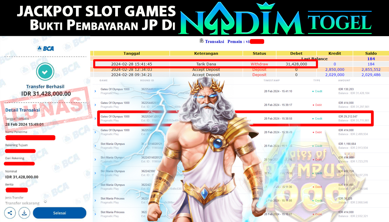 NADIMTOGEL JACKPOT SLOT GATES OF OLYMPUS 1000 Rp.31.428.000,- LUNAS
