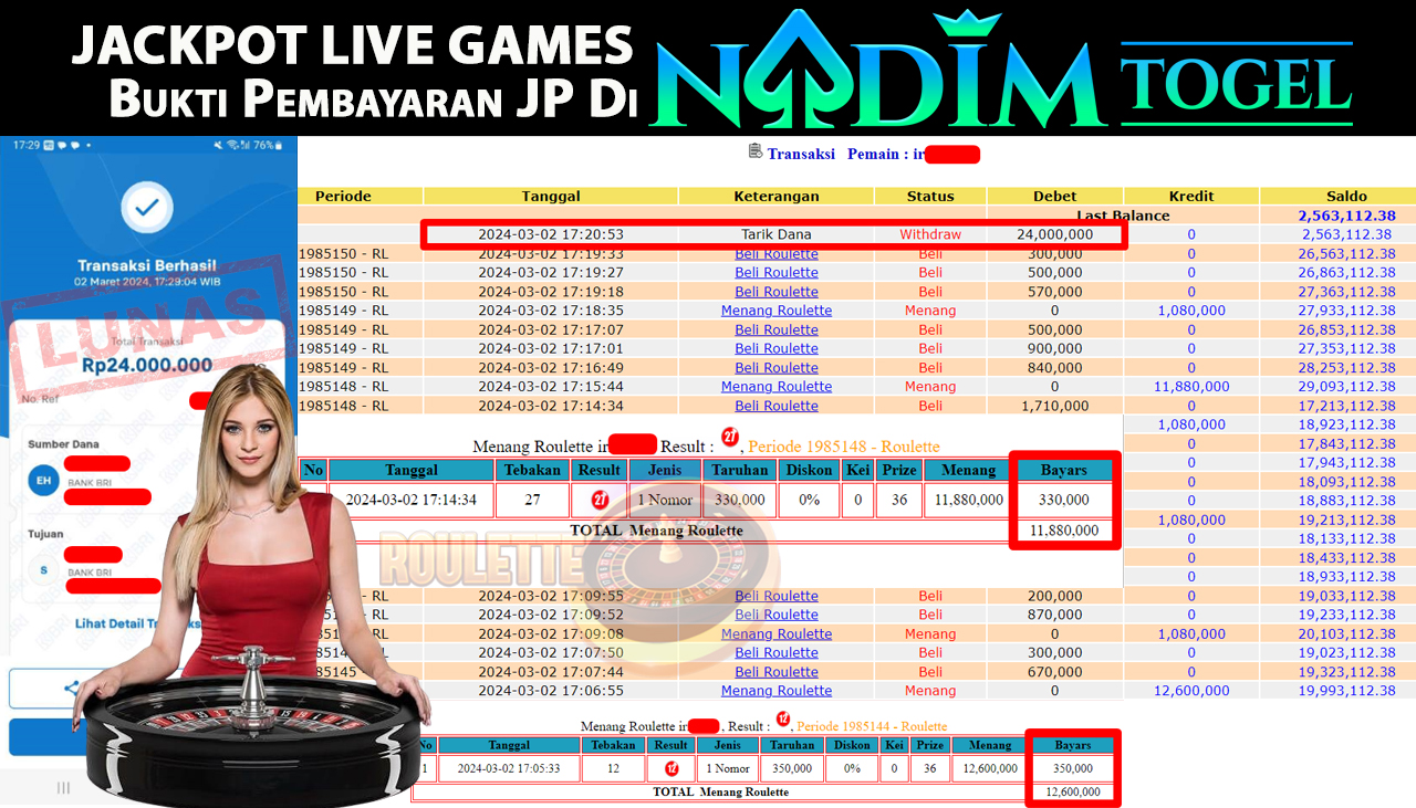 NADIMTOGEL JACKPOT LIVE GAME ROULETTE Rp.24,000,000,- LUNAS