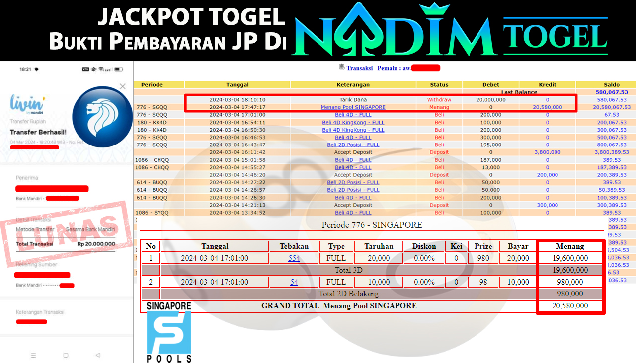 NADIMTOGEL JACKPOT TOGEL PASARAN SINGAPORE Rp.20,000,000,- LUNAS