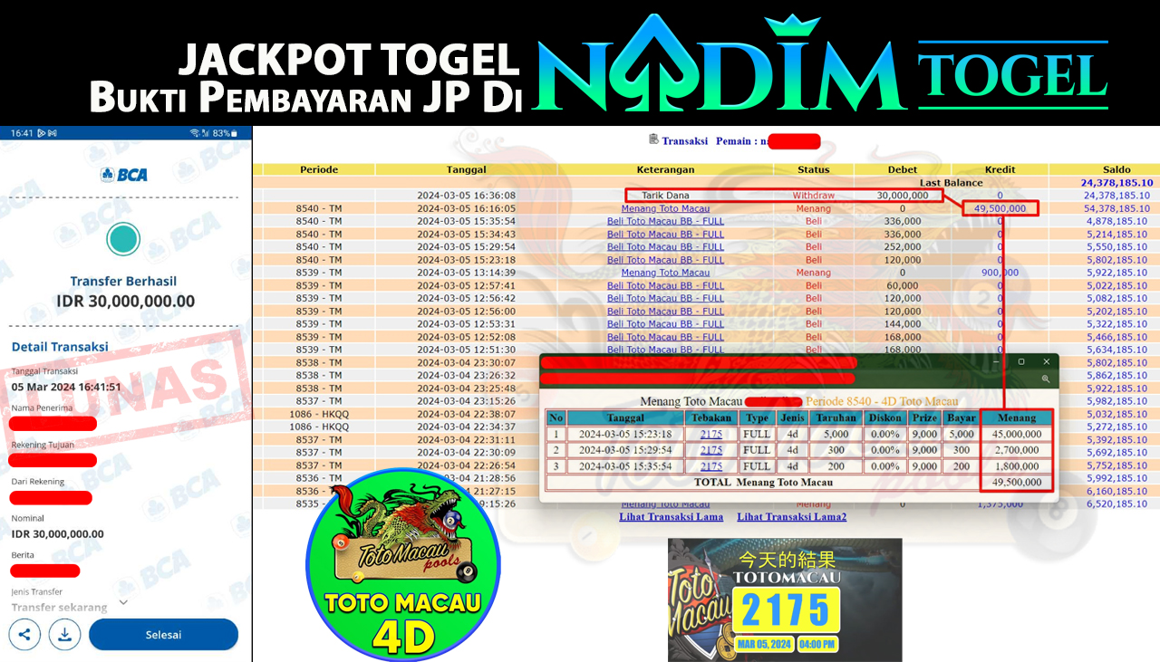 NADIMTOGEL JACKPOT TOGEL PASARAN TOTO MACAU 4D Rp.49,500,000,- LUNAS
