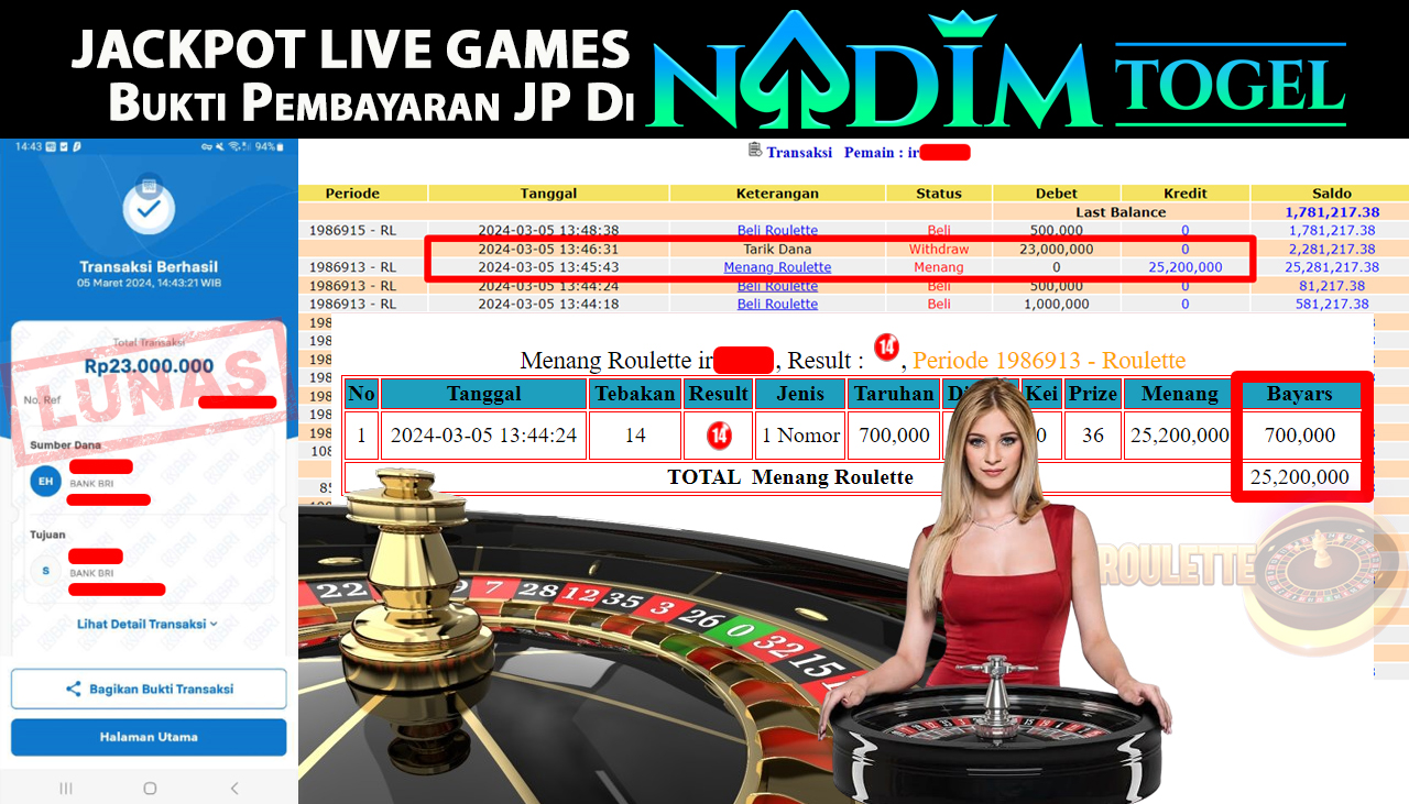 NADIMTOGEL JACKPOT LIVE GAME ROULETTE Rp.23,000,000,- LUNAS