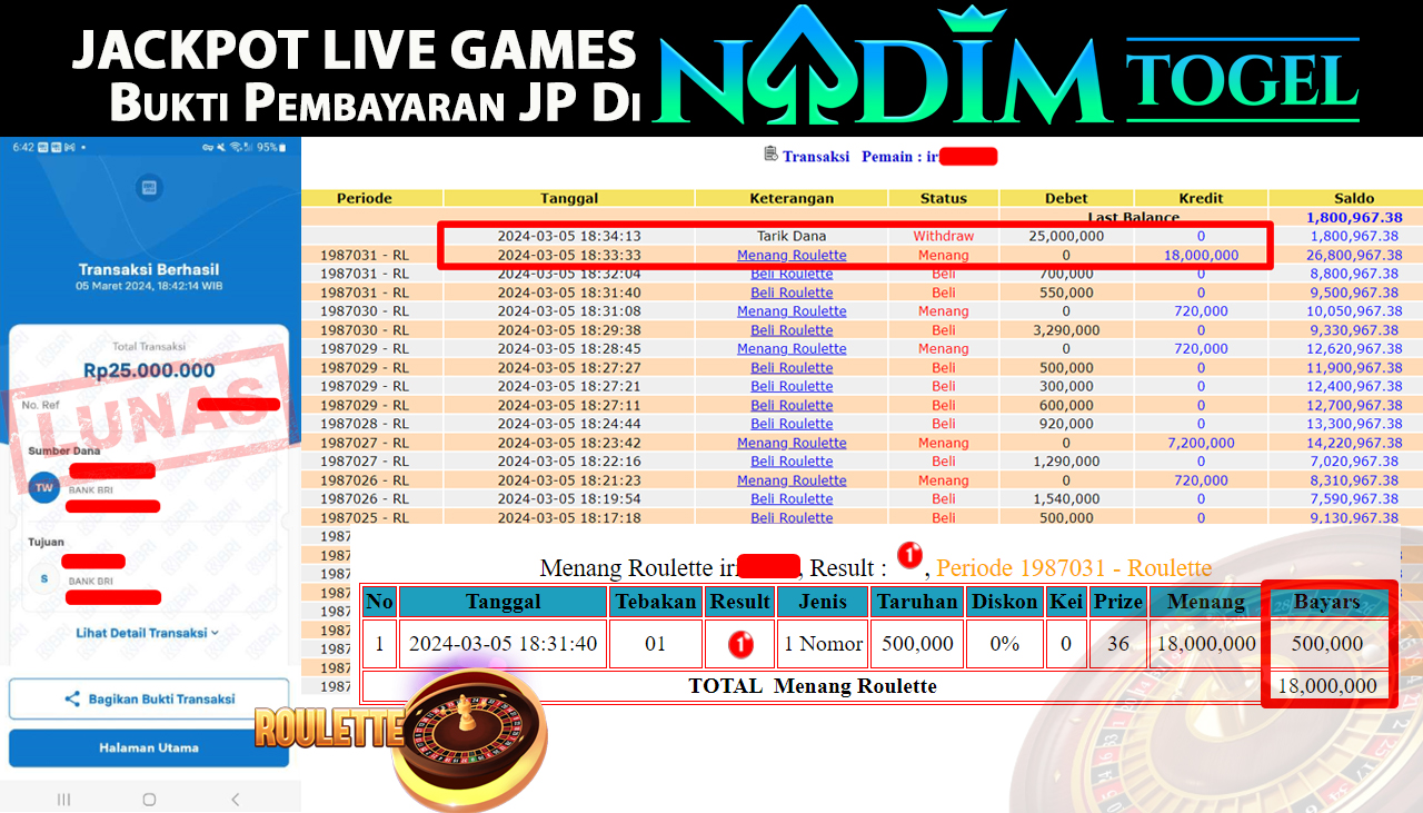 NADIMTOGEL JACKPOT LIVE GAME ROULETTE Rp.25,000,000,- LUNAS