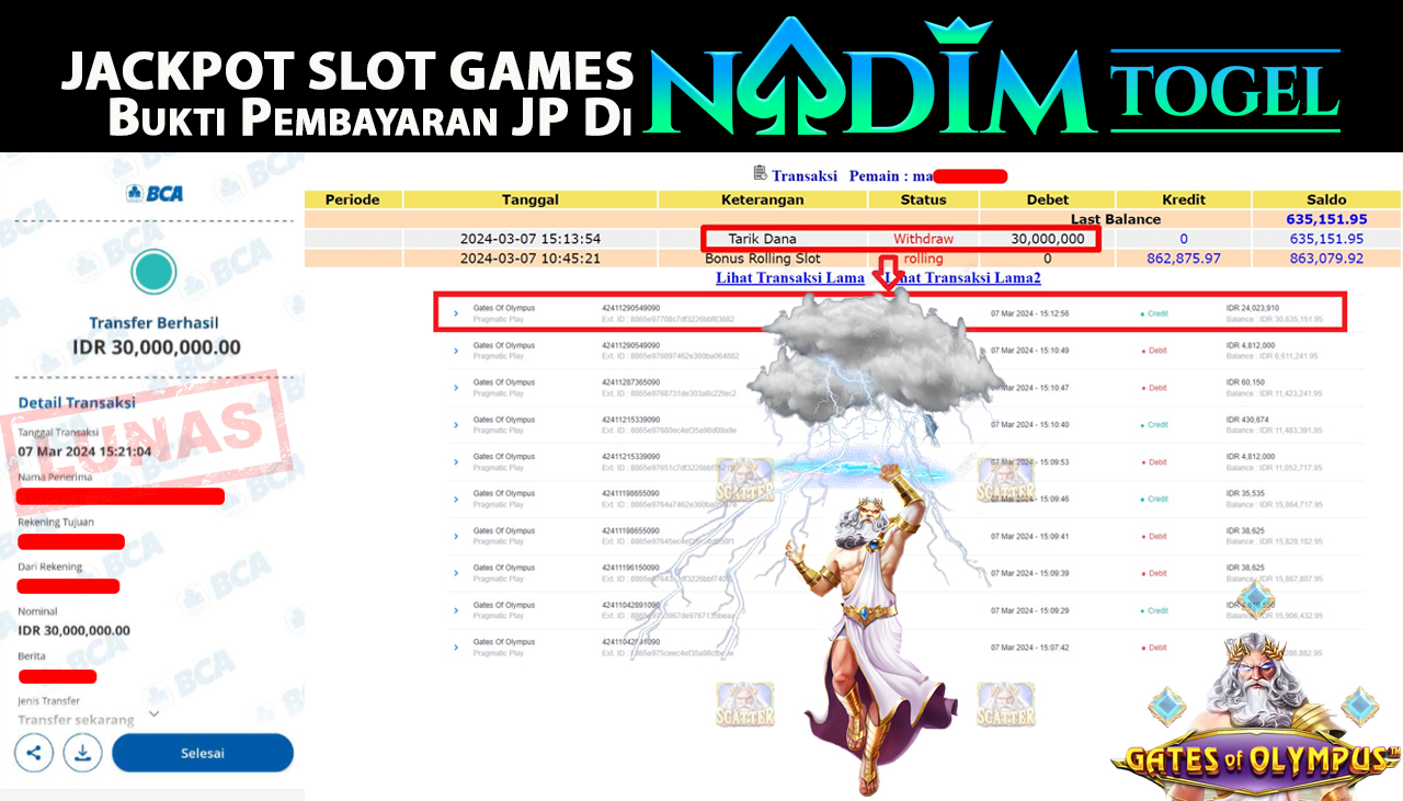 NADIMTOGEL JACKPOT SLOT GAME GATES OF OLYMPUS Rp.30.000.000,- LUNAS