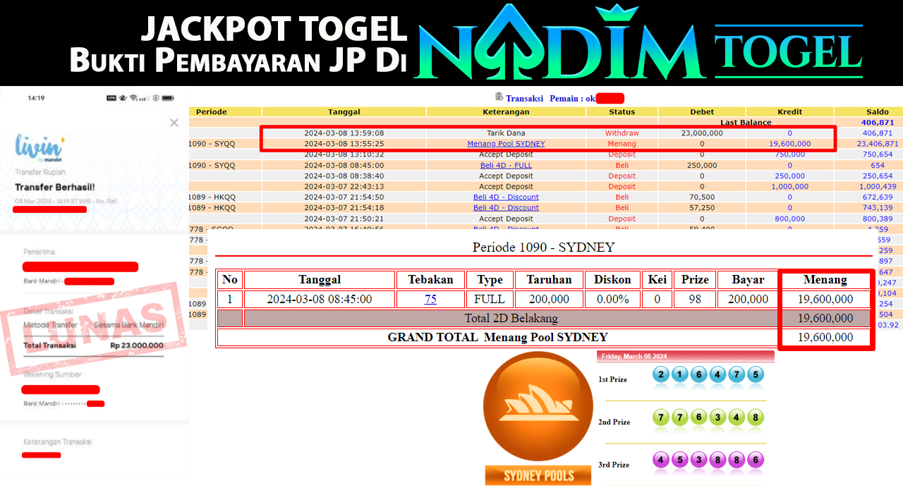 NADIMTOGEL JACKPOT TOGEL PASARAN SYDNEY Rp.23,000,000,- LUNAS