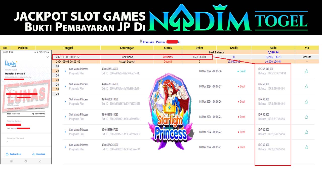 NADIMTOGEL JACKPOT SLOT MANIA PRINCESS Rp65.833.000,- LUNAS