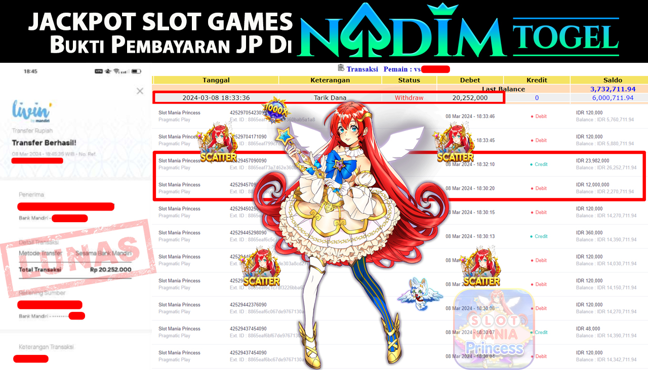 NADIMTOGEL JACKPOT SLOT MANIA PRINCESS Rp.20.252.000,- LUNAS