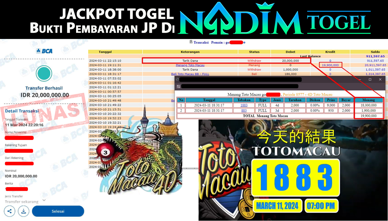 NADIMTOGEL JACKPOT TOGEL PASARAN TOTO MACAU 4D Rp.20,000,000,- LUNAS