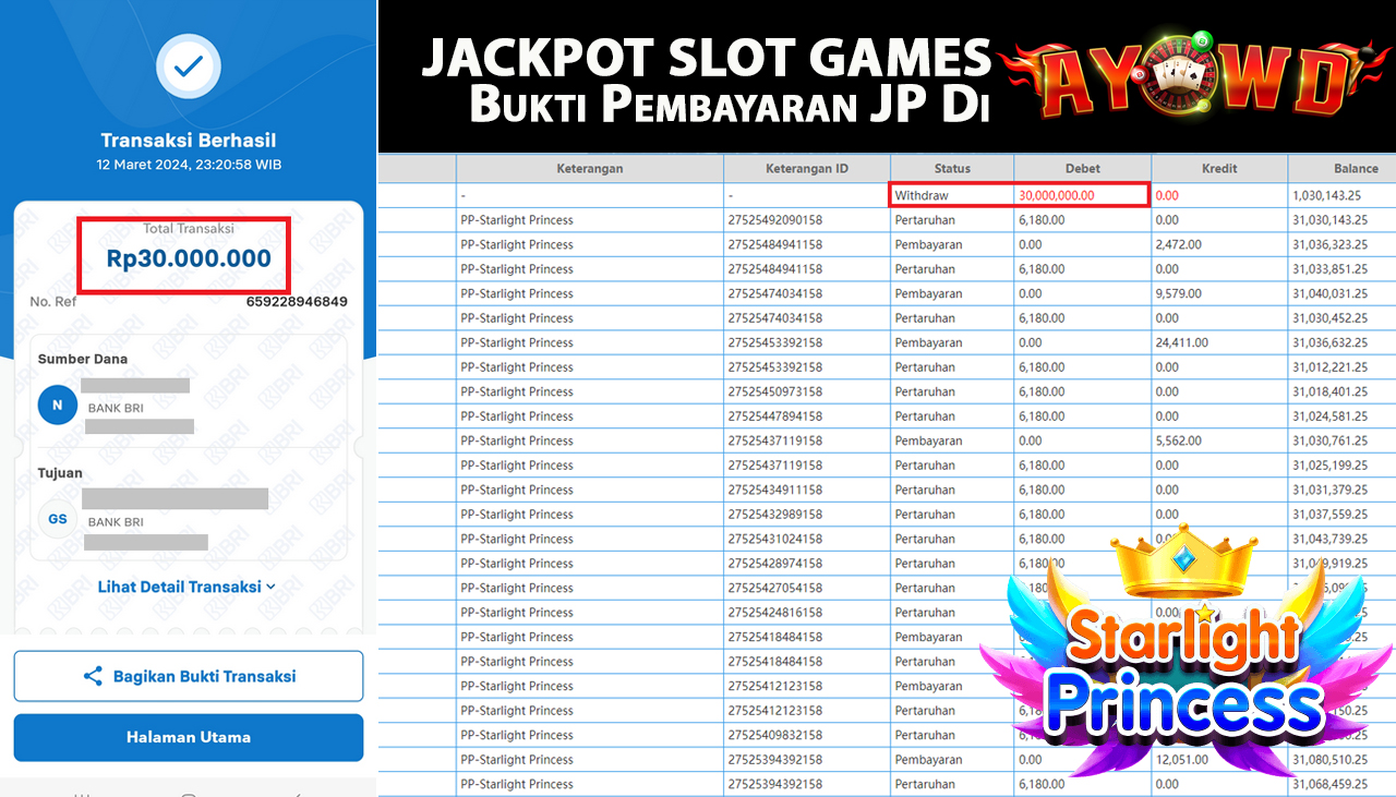 AYOWD JACKPOT SLOT GAME PP-STARLIGHT PRINCESS Rp,30,000,000 - LUNAS
